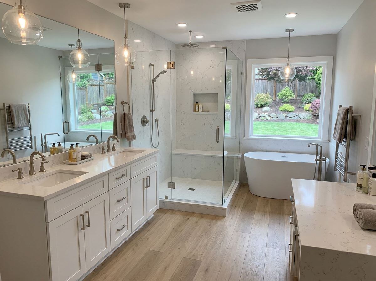 Finished bathroom remodel with new tile and vanity